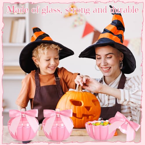 4-Piece Pink Glass Pumpkin Candy Jars Set for Halloween Decorative Storage - Pinkoween