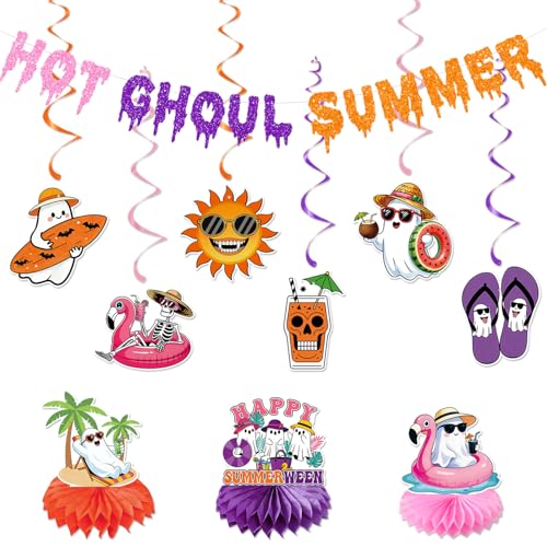 Summerween Party Banner & Decorations Set - Hanging Swirls, Honeycomb Ornaments
