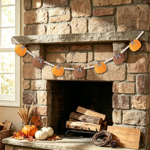 Fall Felt Pumpkin Garland with Beads - Buffalo Plaid & Natural Wood Decor