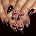 Halloween Press-On Nails Almond Black French Tip with Spider & Bat - Style-28