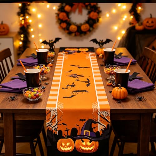Halloween Table Runner Pumpkin Bat Linen - Orange, 72x13 Inches