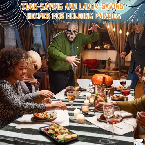 Halloween Worm Theme Black and White Striped Tablecloth Set - 6 Disposable Plastic Covers for Spooky Party Decor