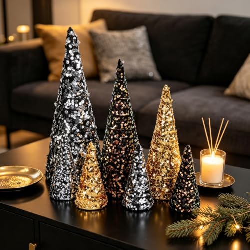 Black Gold Christmas Sequin Cone Tree Decorations Set - Tiered Holiday Tabletop Trees