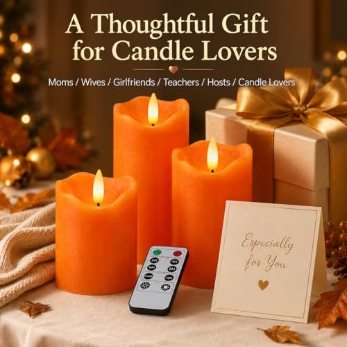 Orange Flameless Pillar Candles Set - 3 Sizes with Remote & Timer - Halloween Decor