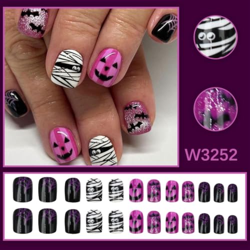 Halloween Press On Nails Short Square Fake Nails with Ghost Design - Purple Pink Black Variation 17