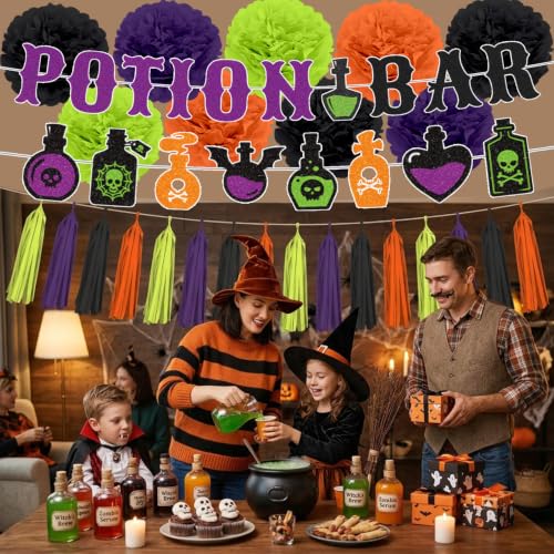 Halloween Potion Bar Decorations Set with Banners and Tassels - Witch Party Supplies