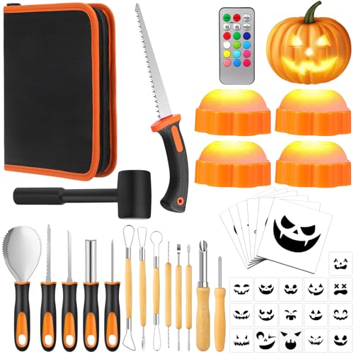 Halloween Pumpkin Carving Kit with 13 Stainless Steel Tools, 4 LED Lights & 18 Stencils