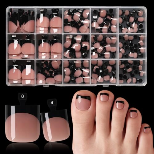 Press On Toe Nail Tips Square Black French in Nude Base - 150Pcs