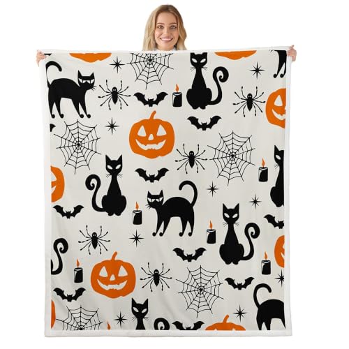 Halloween Sherpa Plush Blanket - Black Cat Pumpkin Ghost Fleece Throw 50x60 Inches - Variation of THIS listing
