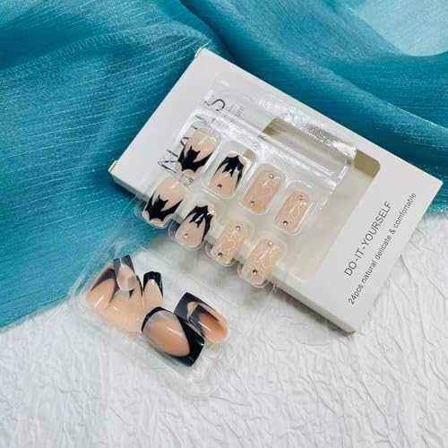 Halloween Press On Nails Medium Square Fake Nails with Spider Web Bat Design - Halloween Fake Nails 30