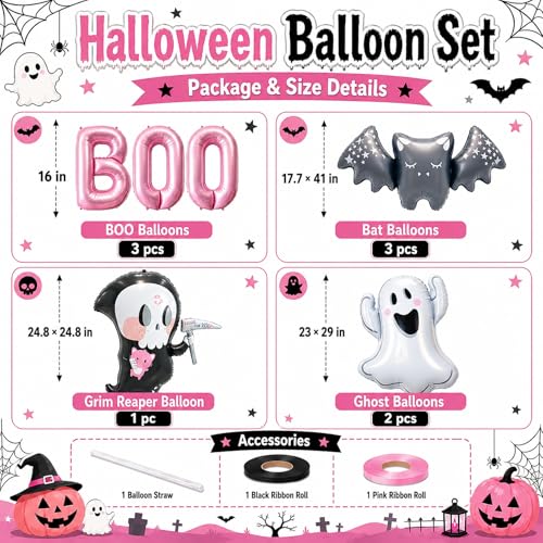Pink Boo Halloween Balloons Set - Foil Ghost Bat Decor for Party & Yard