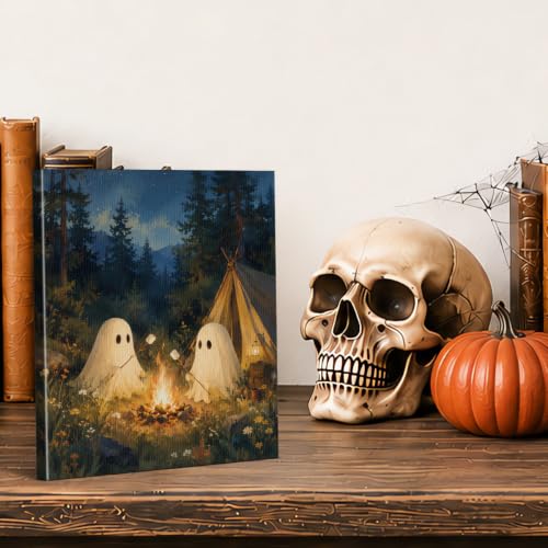 Halloween Ghost Wall Art Canvas Print - Framed Forest Campfire Scene - Variation of Halloween-13