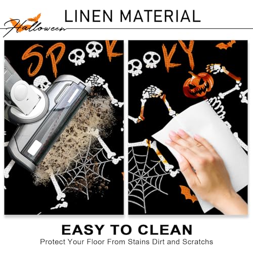 Halloween Gothic Skeleton Kitchen Rugs Set of 2 - Spooky Jack O Lantern & Bat Floor Mats - Skeleton Variation