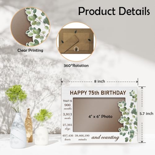 Eucalyptus 75th Birthday Photo Frame - 4x6 Table Decor Gift for Grandma Grandpa