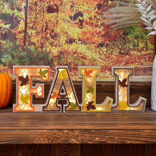 Lighted Fall Table Decor Sign - Rustic Wooden Thanksgiving Centerpiece with 3D LED Maple Leaves - Orange-Grey