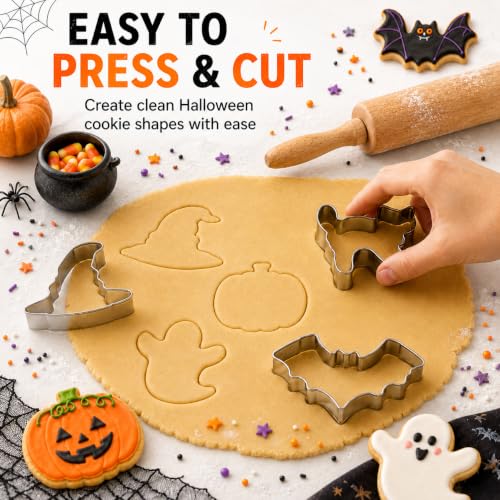 Halloween Cookie Cutter Set 7 Pieces Ghost Bat Pumpkin Cat Witch Hat Spider Food Grade Stainless Steel
