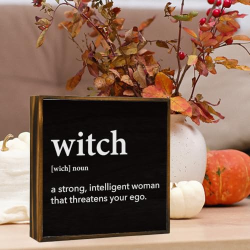 Witch Definition Halloween Wooden Decor Sign for Table Shelf - Black, 5x5 Inches - Variation: Witch