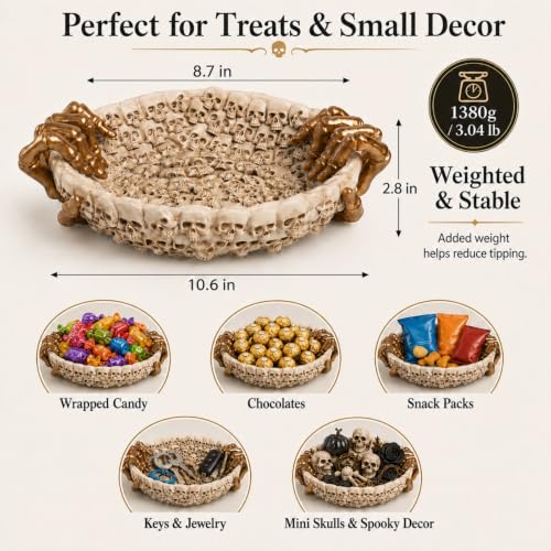 Spooky Skeleton Candy Bowl with Gold Skeleton Hands - Halloween Decor