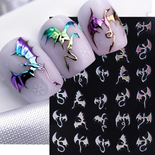 Halloween Dragon Nail Stickers 6 Sheets Gothic Holographic Nail Decals - Bat & Y2K Design