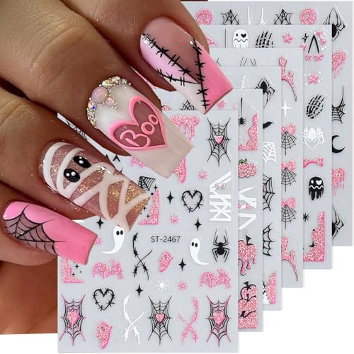 Halloween Nail Stickers Set - 3D Self-Adhesive Glitter Spider Web Ghost Bat Skull for Autumn DIY Nails