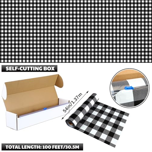 Black Gingham Disposable Tablecloth Roll - 54 x 100 ft with Cutter for Parties