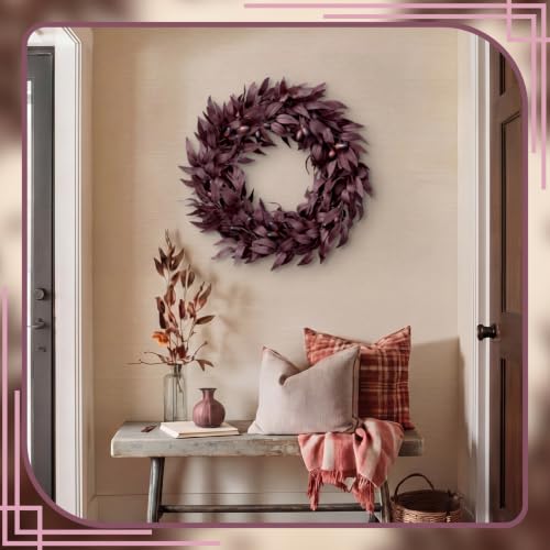20 Inch Autumn Wreath for Front Door - Burgundy Fall Decor, Expandable Olive Design