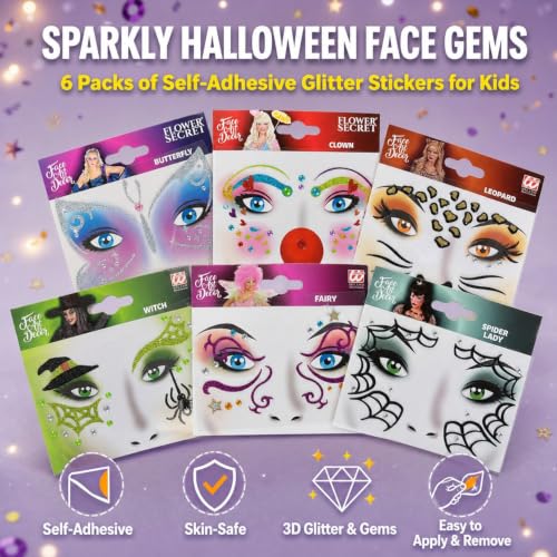 Animal-Themed Glitter Face Stickers - Reusable Gold Sparkling Face Tattoos for Halloween & Parties - 6 Pack Variation: Glitter, Sparkling
