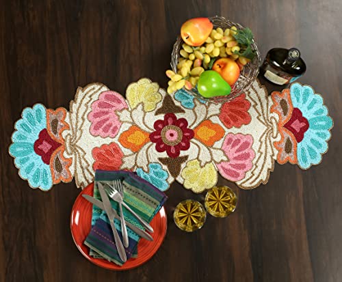 Hand Beaded Christmas Decor Runner - Blue Orange Multi 13x36 Inches, Festive Holiday Table Centerpiece