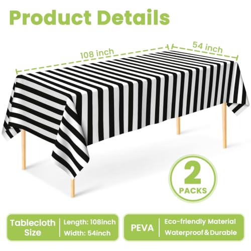 Black & White Stripe Tablecloth 2 Pack - 54 x 108 Inch Rectangular Disposable Cover - Party & Event Use
