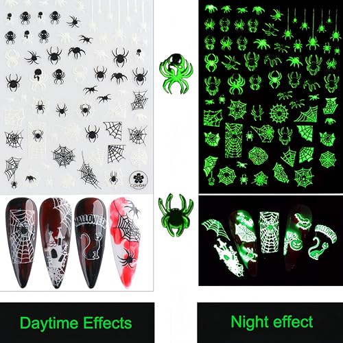Halloween Nail Art Stickers with 3D Fluorescent Spider Design - Self-Adhesive Decals for Manicure DIY