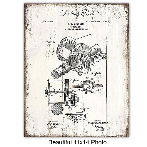 Vintage Fish Patent Prints - 11x14 Rustic Wall Art for Man Cave, Fishing Gift Set of 4