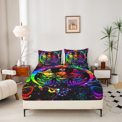 Queen Sugar Skull Bed Sheets Rainbow Tie Dye Fitted Sheet - Snake & Moth Design, 25 Color Variations