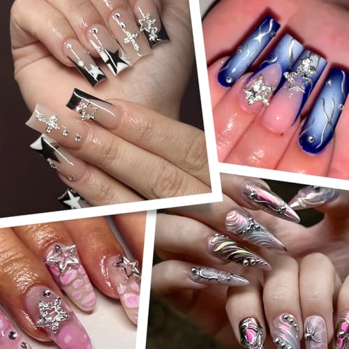Silver Star Nail Charms Set with Pearls & Chains - Y2K Nail Art Accessories