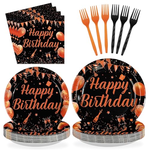 Orange Black Happy Birthday Party Plates & Napkins Set - Serves 24 - Variation: OrangeBlack Plates FF