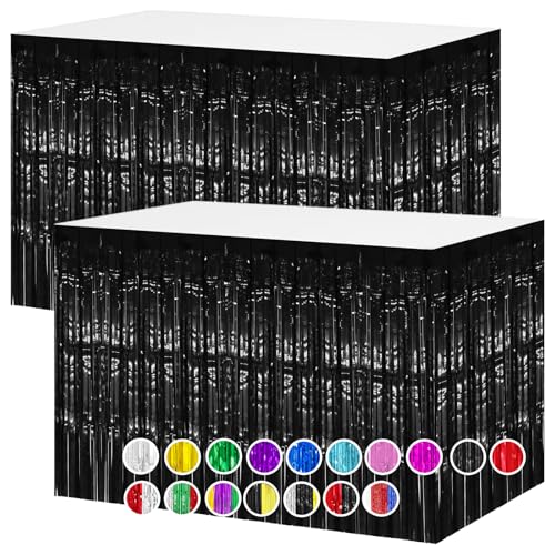 Black Foil Fringe Table Skirt Set - 2 Pack 29.5x108 Inch for Party Decor
