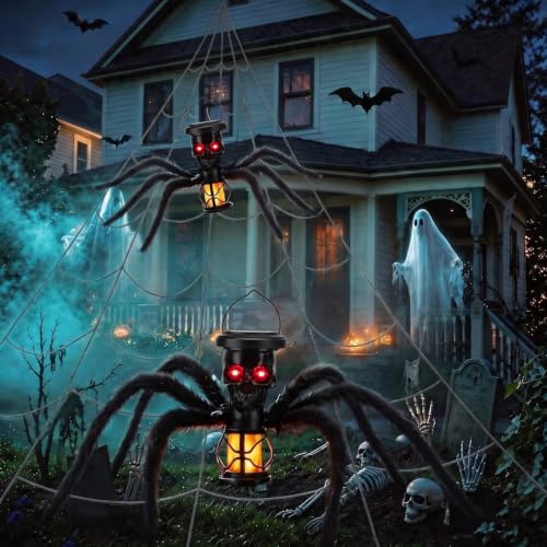 Halloween Skull Solar Lantern with Spider Legs - Orange, Flickering Flame Effect, Waterproof Outdoor Decor