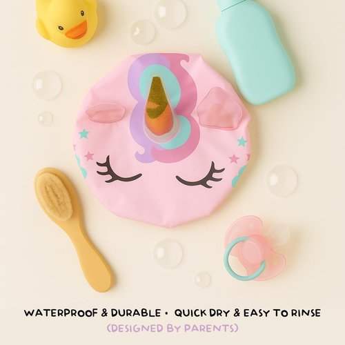Cute Shower Cap for Kids, Kids Shower Cap for Girls, Cute Waterproof Kid Hat for Girl, Reusable - Unicorn Design