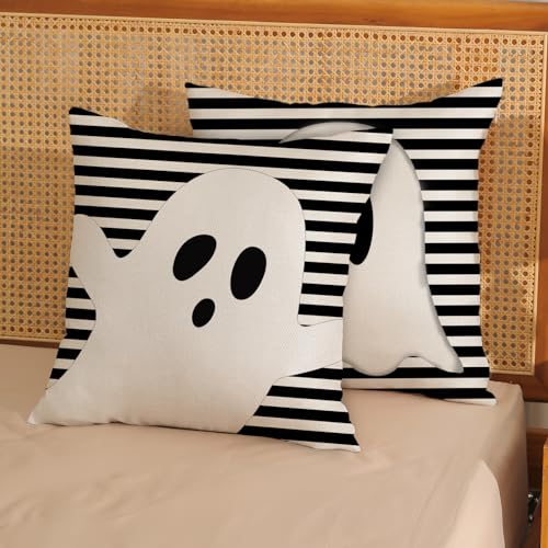 Halloween Pillow Covers 24x24 Set of 2 Ghost Stripe Linen Outdoor Decor - Black & White