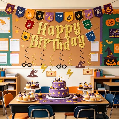 Gold Wizard Birthday Party Decorations Set - Magic Banner & Hanging Swirls