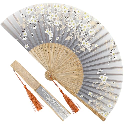 Gray Elegant Black Bamboo Folding Fan - 8.27in Vintage Silk Handheld Fan for Dance & Wedding