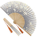 Gray Elegant Black Bamboo Folding Fan - 8.27in Vintage Silk Handheld Fan for Dance & Wedding
