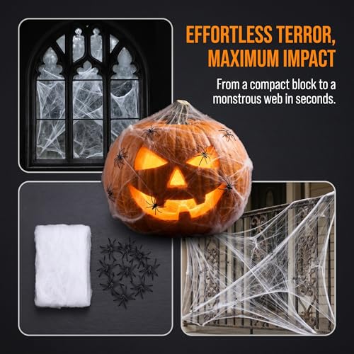 Halloween Spider Web Decor with 100 Fake Spiders - Stretchable & Reusable