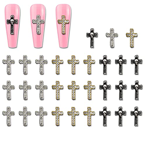 30Pcs Halloween Cross Nail Charms - 3D Metal Rhinestone Nail Art Accessories