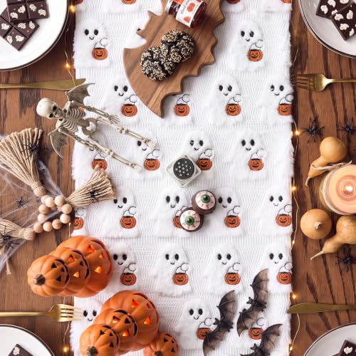 Halloween Ghost Table Runner 13x72 Faux Fur Decor with 3D Plush Ghosts & Pumpkins
