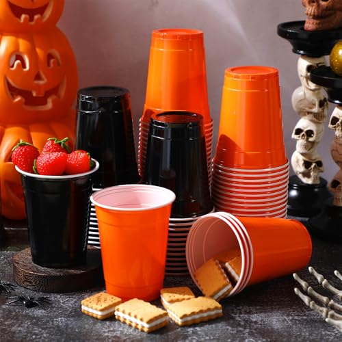 Halloween Plastic Drinking Cups 12oz Pack of 100 - Orange & Black Party Cups