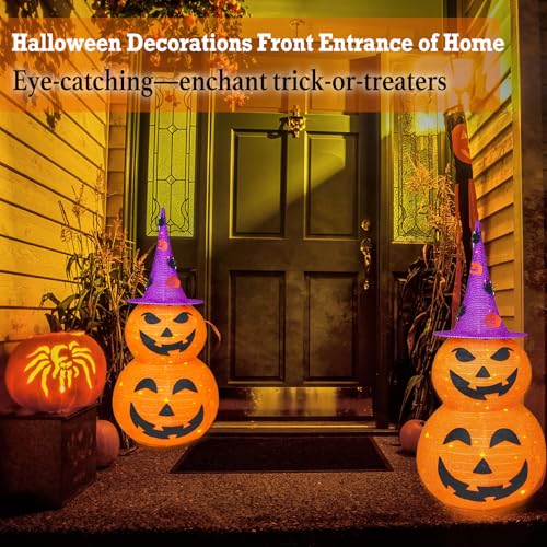 Lighted Pumpkin Halloween Outdoor Decor - 3FT Jack o Lantern with 8 Modes & Timer - Purple Hat Variation