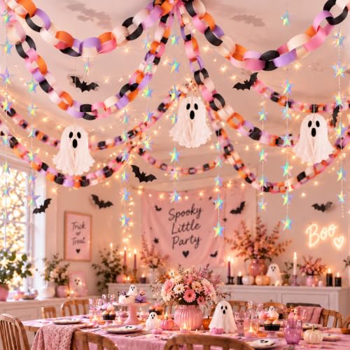 Halloween Paper Chain Garland - Pastel Pink Purple, 1 x 8 Inches, 500 Strips & Decorations