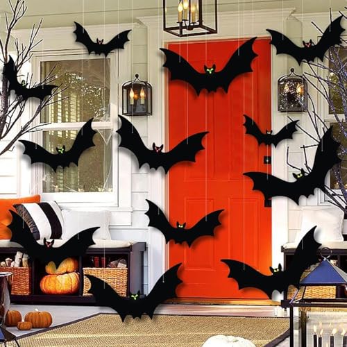Halloween Bat Decorations 12 Pack Hanging Bats with Glowing Eyes - Indoor Outdoor Decor