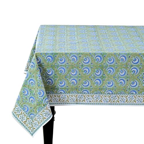 Ridhi Verdant Mist Hand Block Print Cotton Tablecloth 120x60 Rectangular