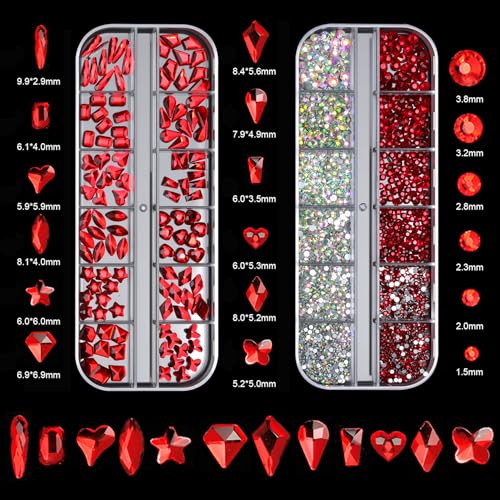 Red Nail Rhinestones Kit - Multi Shapes & Sizes for Manicure & Craft Decoration